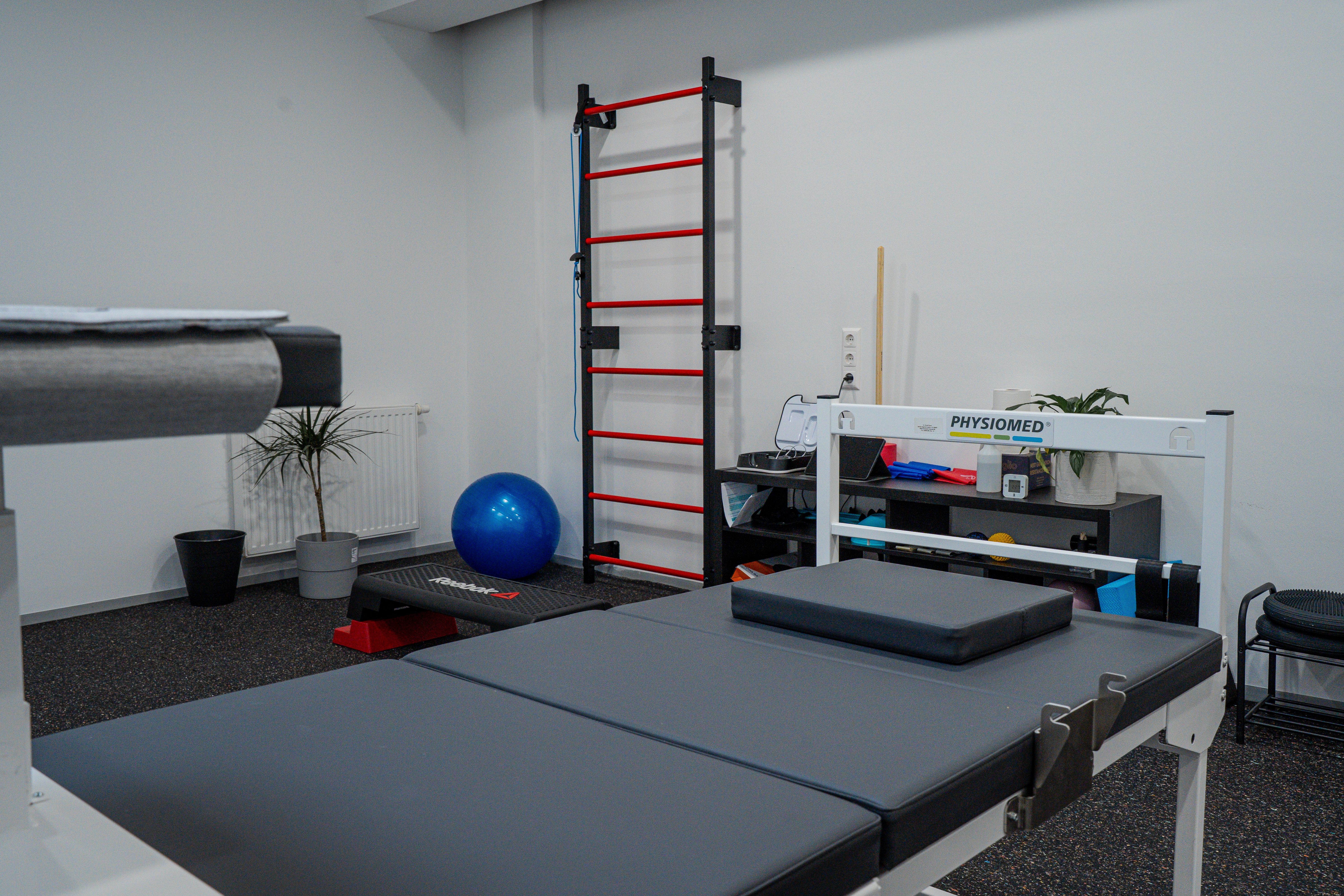 Modern physical therapy room with an examination table, exercise ball, and wall-mounted ladder.